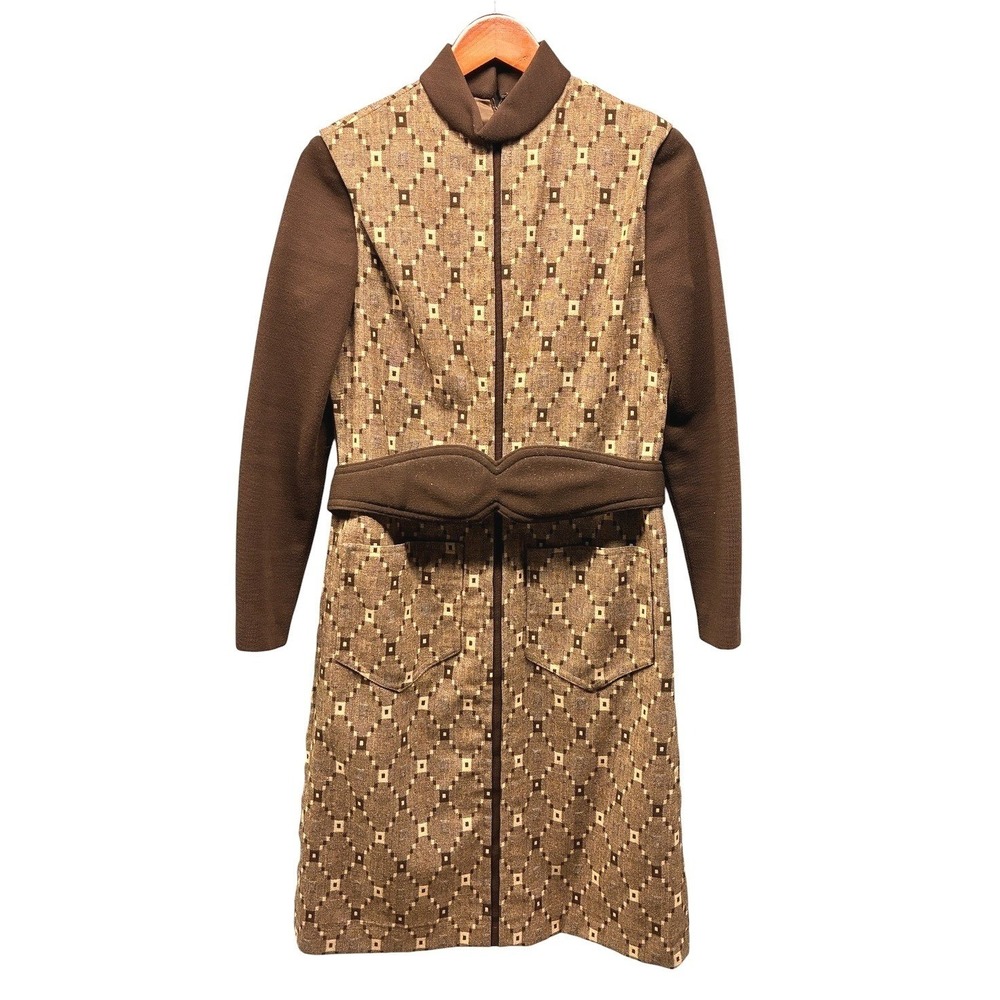 Oscar de la Renta Belted Tapestry Midi Dress Womens 12 Brown Vintage 70s Formal